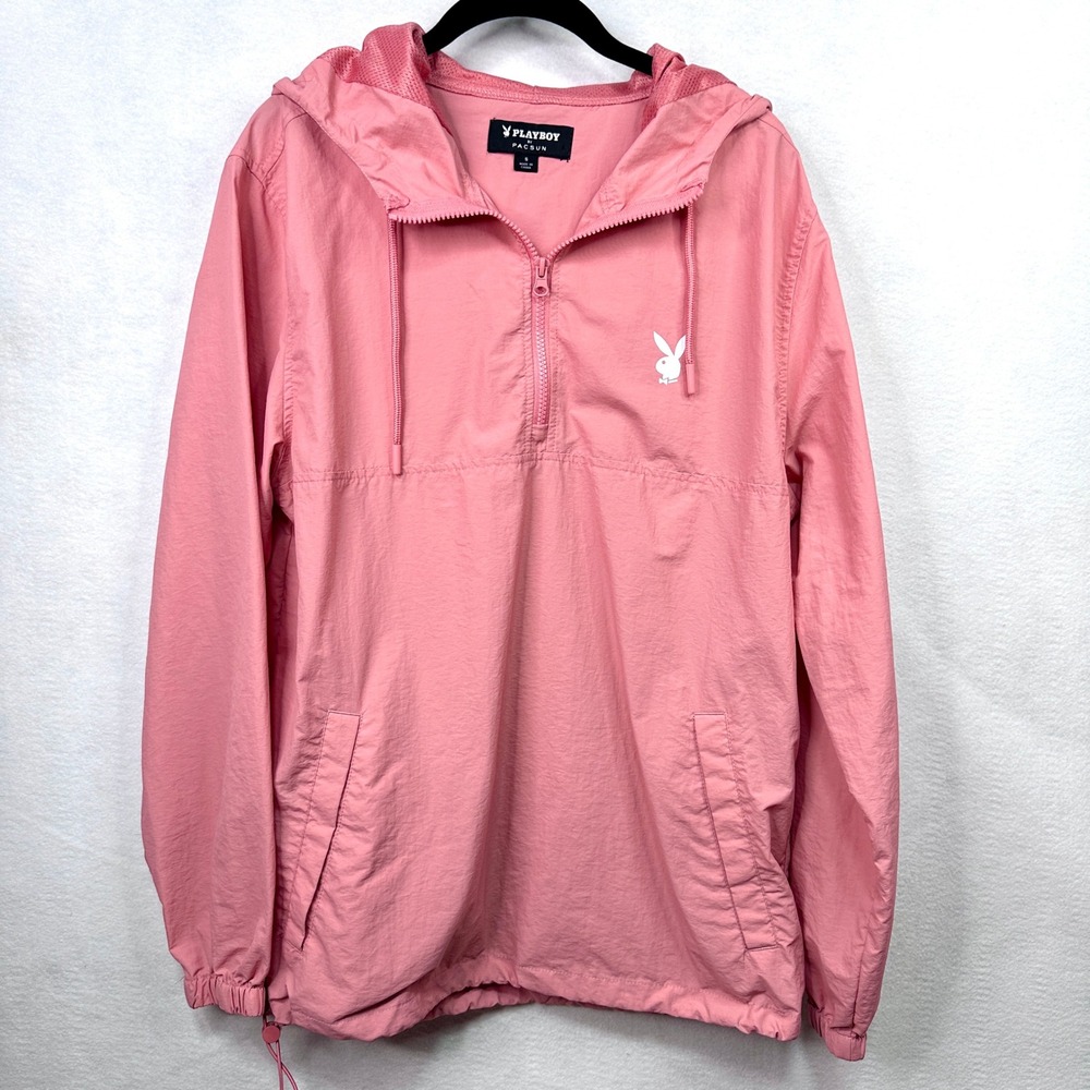 Playboy PacSun Windbreaker Anorak Mens‎ Small Pink Half Zip Hooded